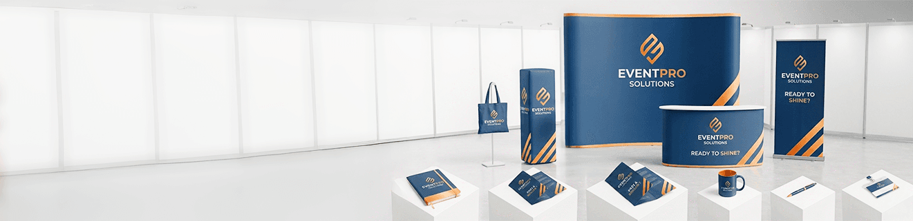 Professionele beursstand uitgerust met signalisatie en gepersonaliseerde materialen België